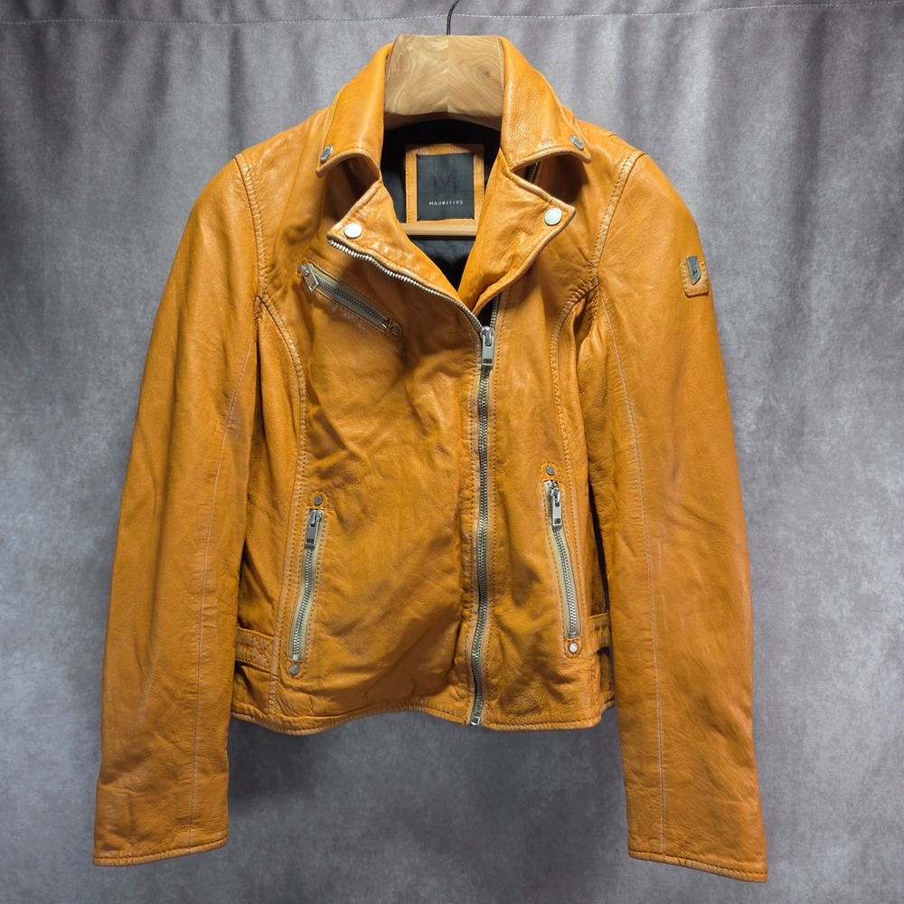 Mauritius Womens Mustard Yellow Lamb Leather Biker Moto Jacket Size M 8